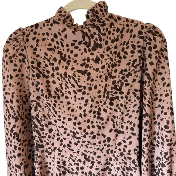 DUSTY PINK DALMATIAN TIE NECK PUFF SLEEVE WRAP SKIRT BODYCON DRESS SIZE MEDIUM - Picture 5 of 11